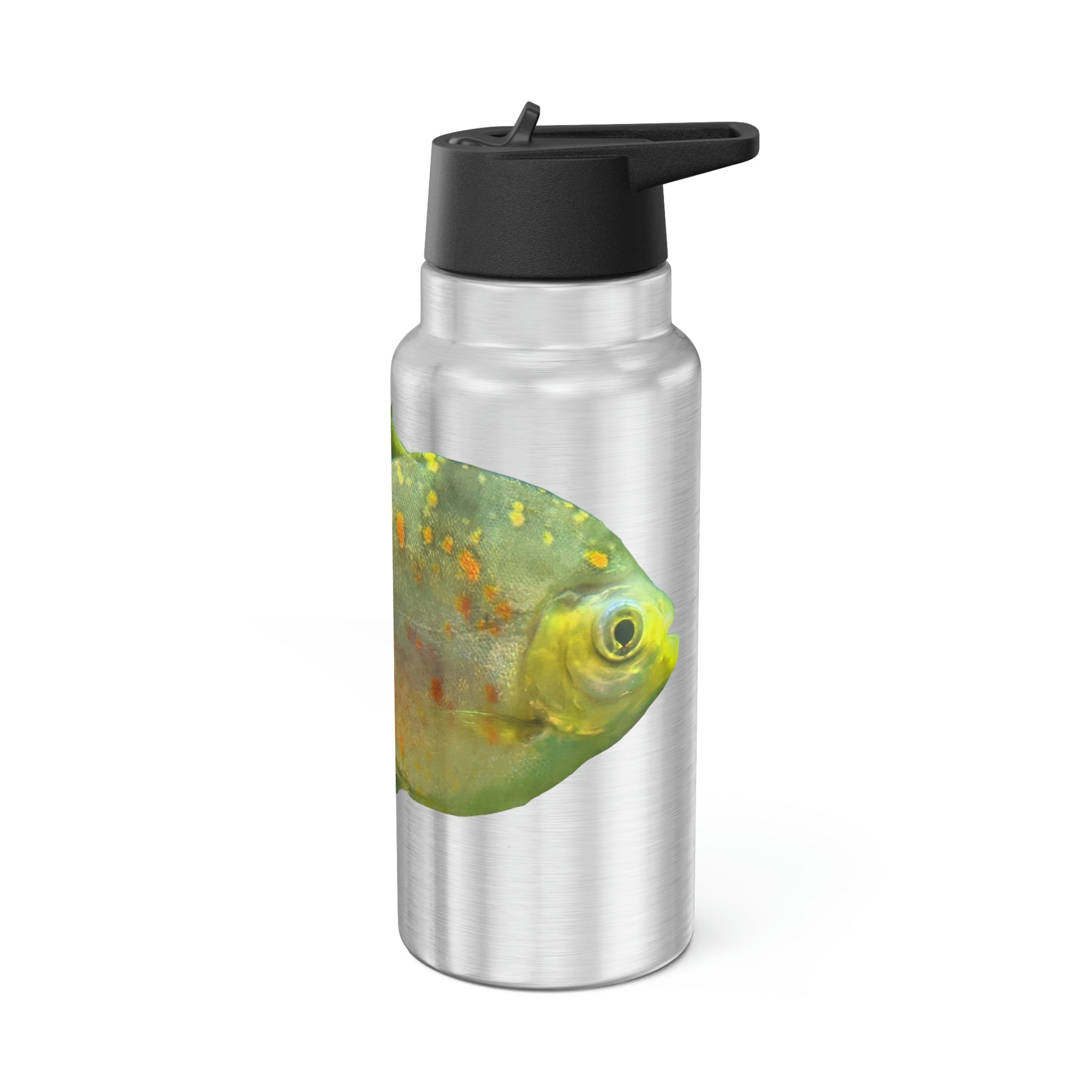 Green Fish Gator Tumbler, 32oz, stainless steel with a black screw-on cap and included straw, showcasing a customizable design.