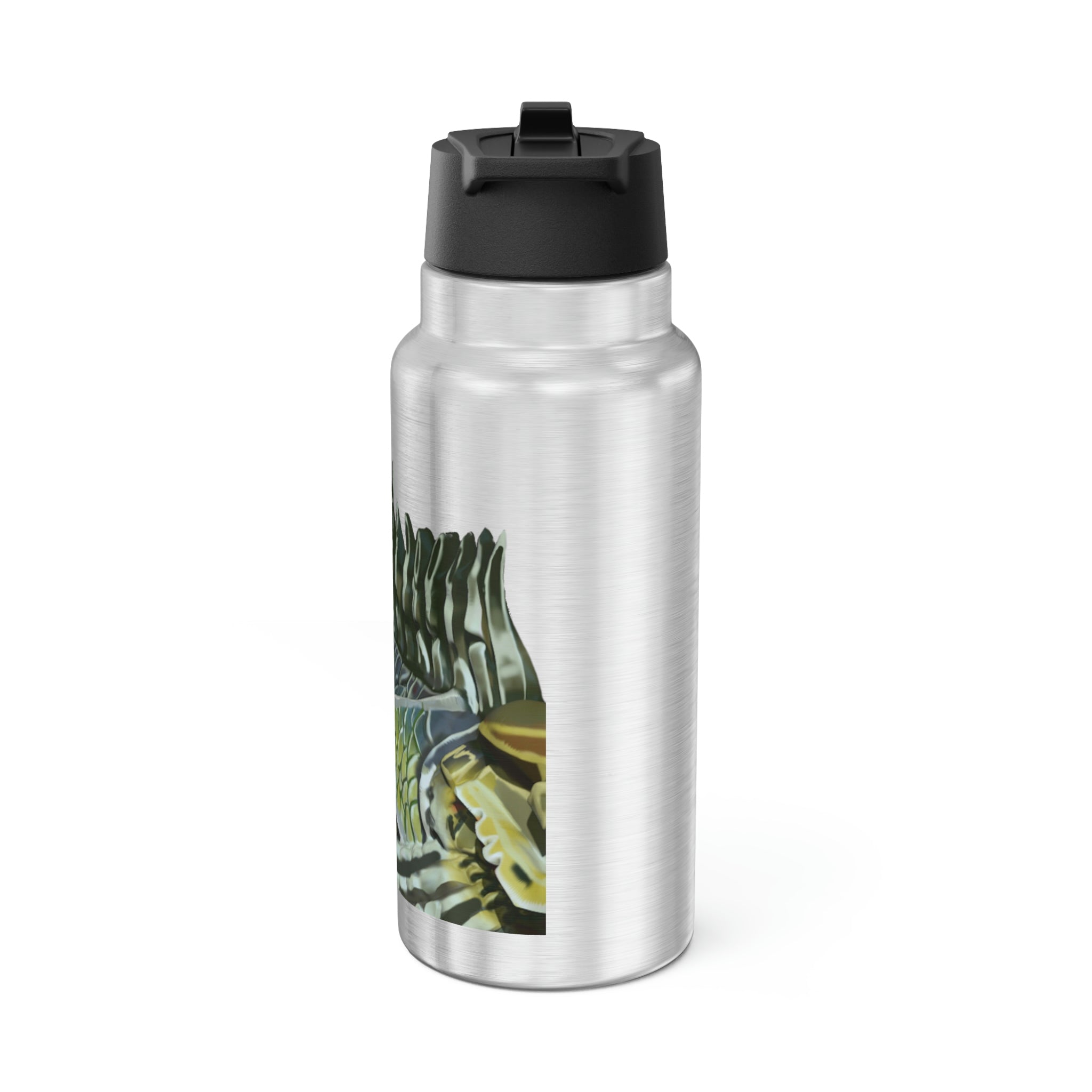 Green Fish Gator Tumbler, 32oz, stainless steel with a black cap and straw, customizable design.