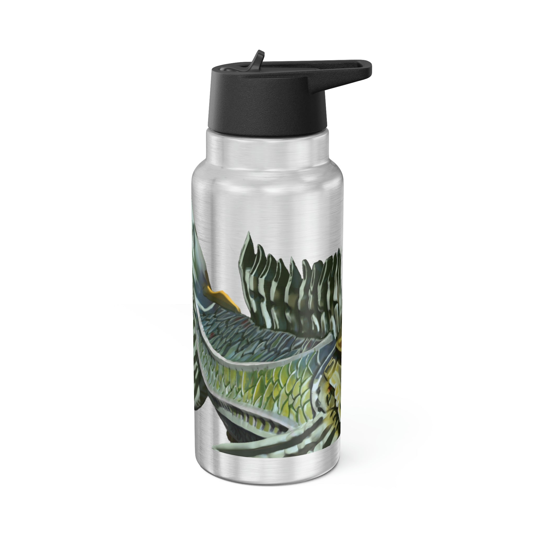 Green Fish Gator Tumbler, 32oz, stainless steel with a black cap and straw, customizable design.