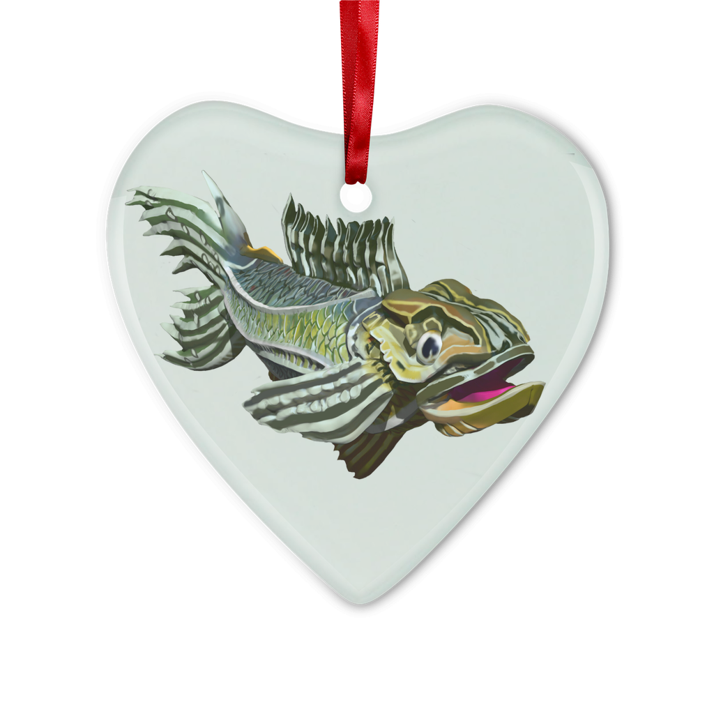 A beautiful green fish glass hanging ornament with a red ribbon and gold string, perfect for Christmas decorations.