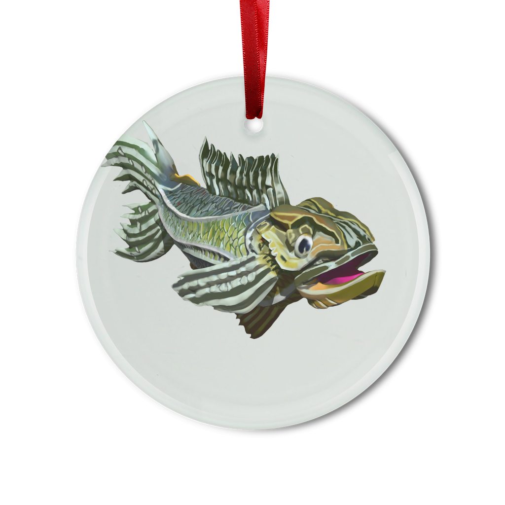 A beautiful green fish glass hanging ornament with a red ribbon and gold string, perfect for Christmas decorations.