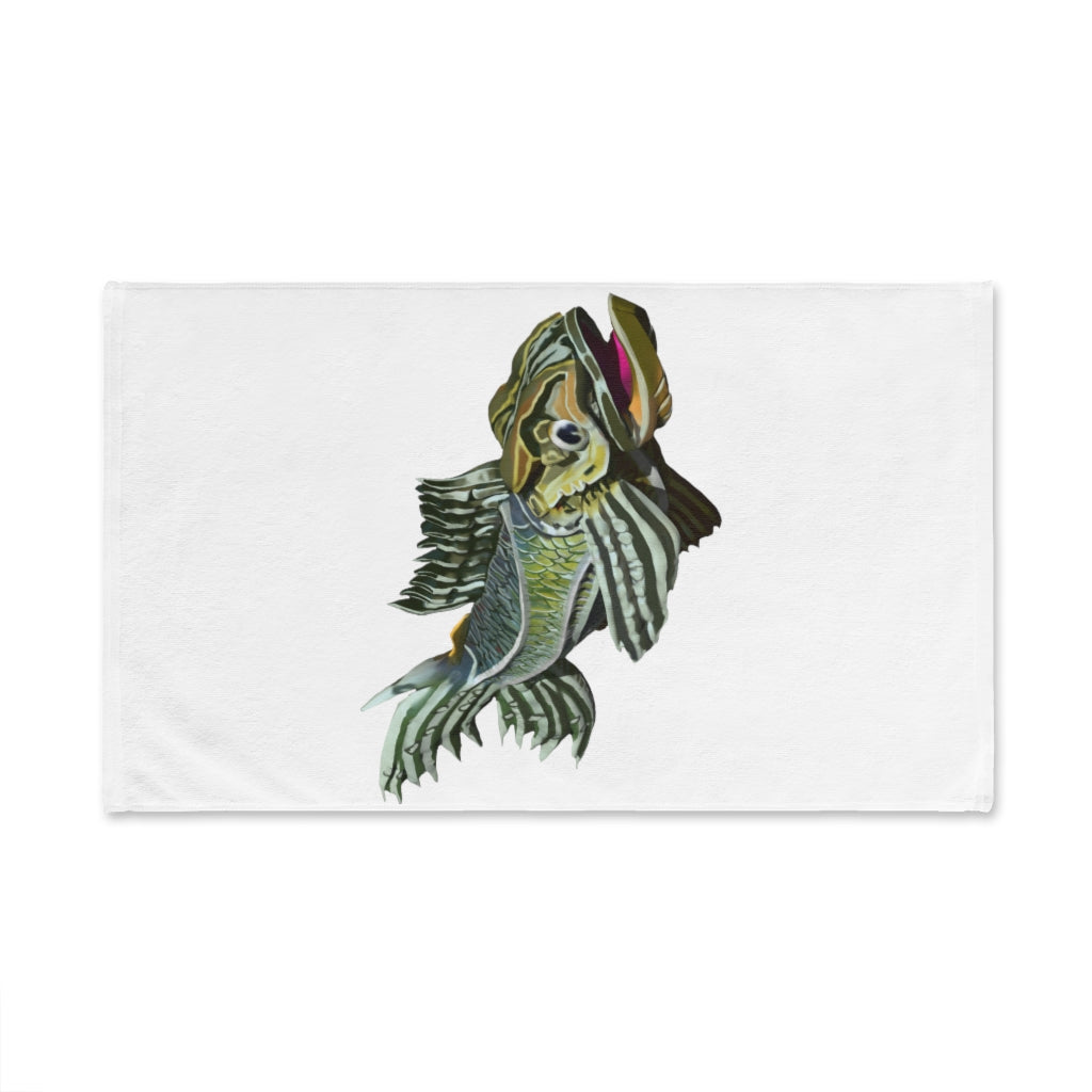 Green Fish Hand Towel featuring a vibrant fish design on a polyester front and soft cotton back, perfect for bathroom decor.