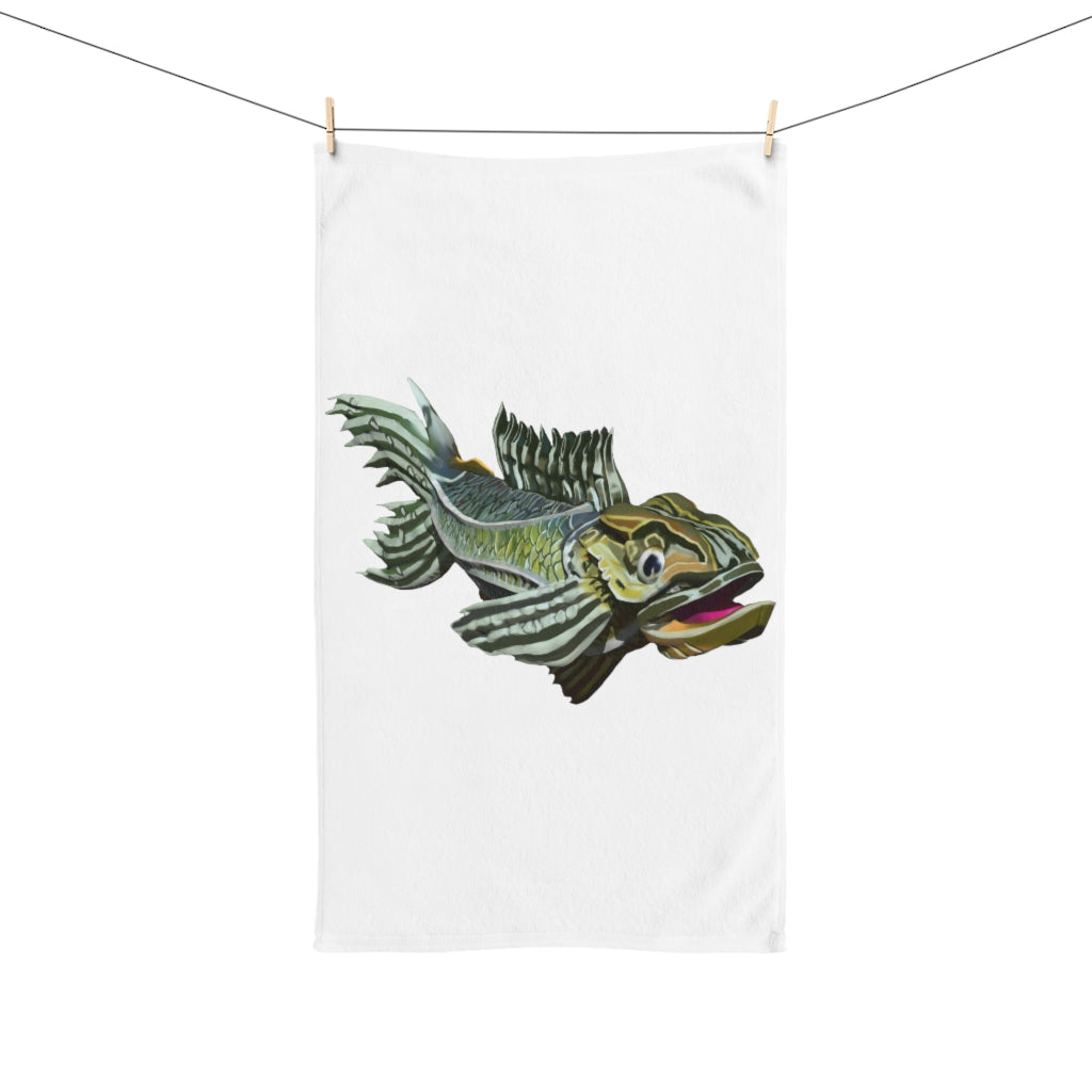 Green Fish Hand Towel featuring a vibrant fish design on a polyester front and soft cotton back, perfect for bathroom decor.