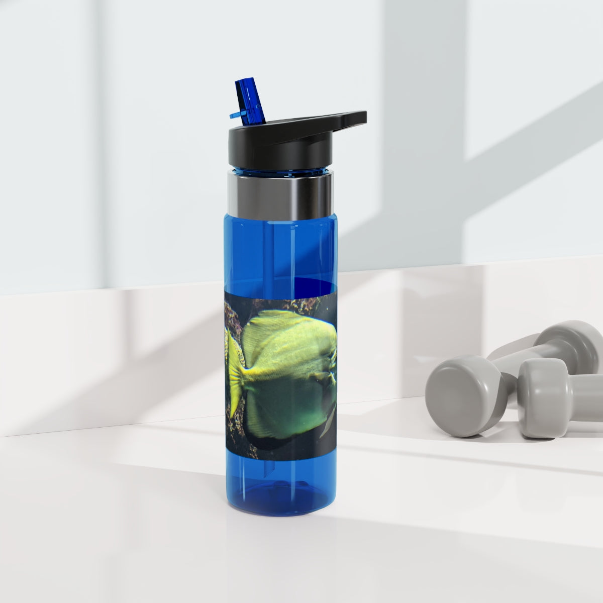 Green Fish Kensington Tritan™ Sport Bottle in vibrant color with screw-on lid and straw, featuring a carabiner hook for easy attachment.