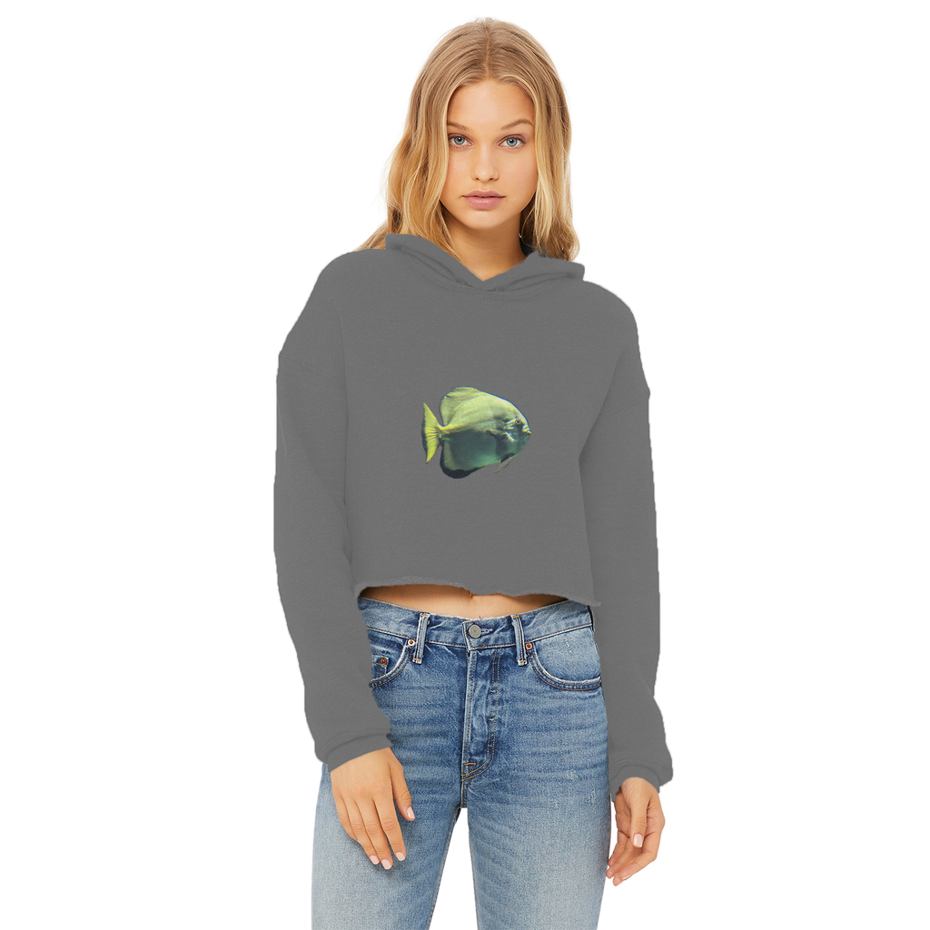 Green Fish Ladies Cropped Raw Edge Hoodie featuring a stylish cropped design, raw edge hem, and soft cotton fabric.