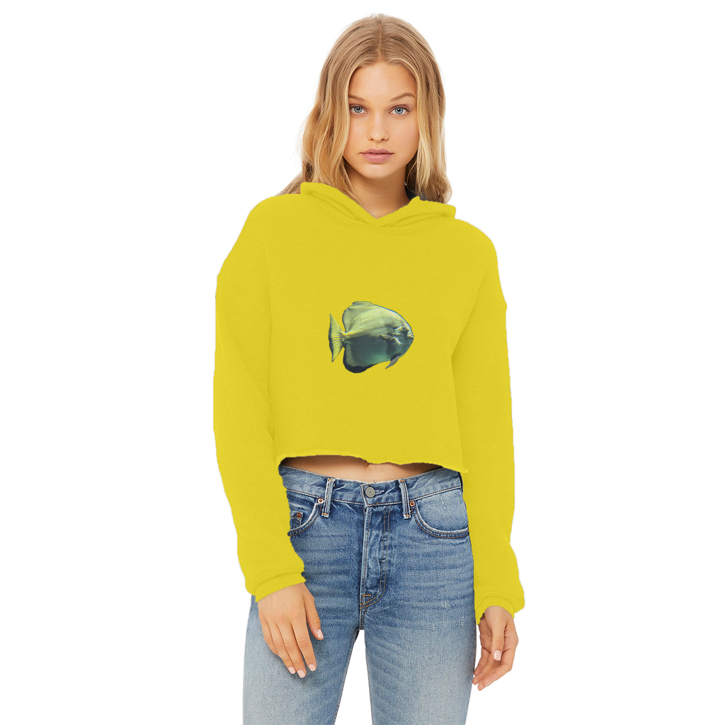 Green Fish Ladies Cropped Raw Edge Hoodie featuring a stylish cropped design, raw edge hem, and soft cotton fabric.