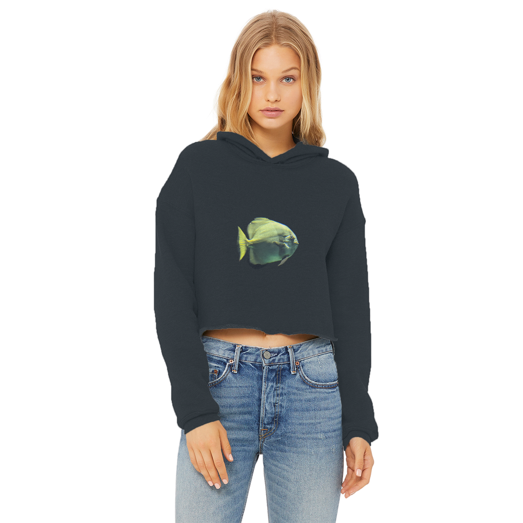 Green Fish Ladies Cropped Raw Edge Hoodie featuring a stylish cropped design, raw edge hem, and soft cotton fabric.