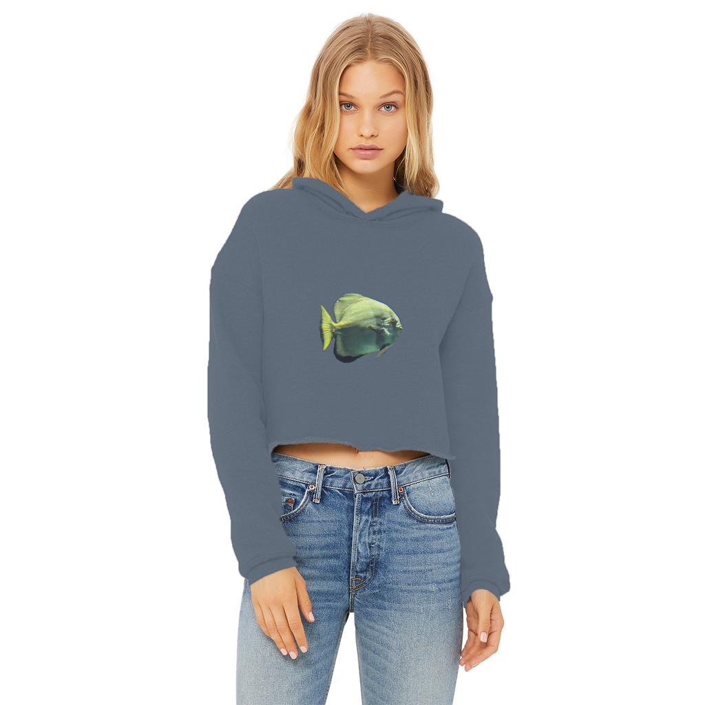 Green Fish Ladies Cropped Raw Edge Hoodie featuring a stylish cropped design, raw edge hem, and soft cotton fabric.