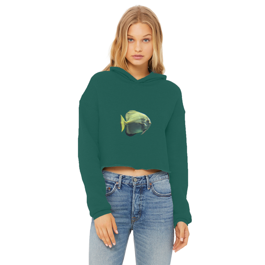 Green Fish Ladies Cropped Raw Edge Hoodie featuring a stylish cropped design, raw edge hem, and soft cotton fabric.