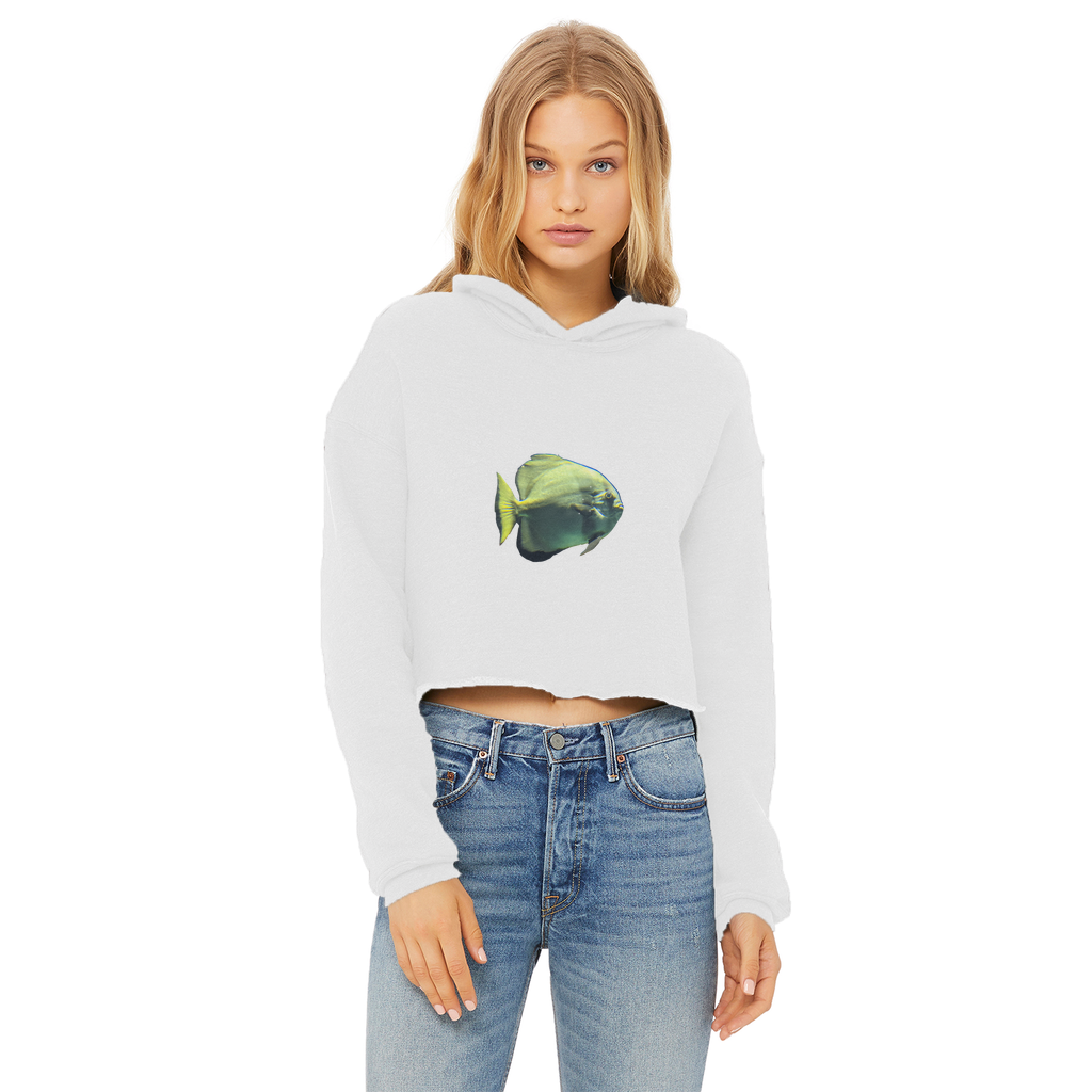 Green Fish Ladies Cropped Raw Edge Hoodie featuring a stylish cropped design, raw edge hem, and soft cotton fabric.