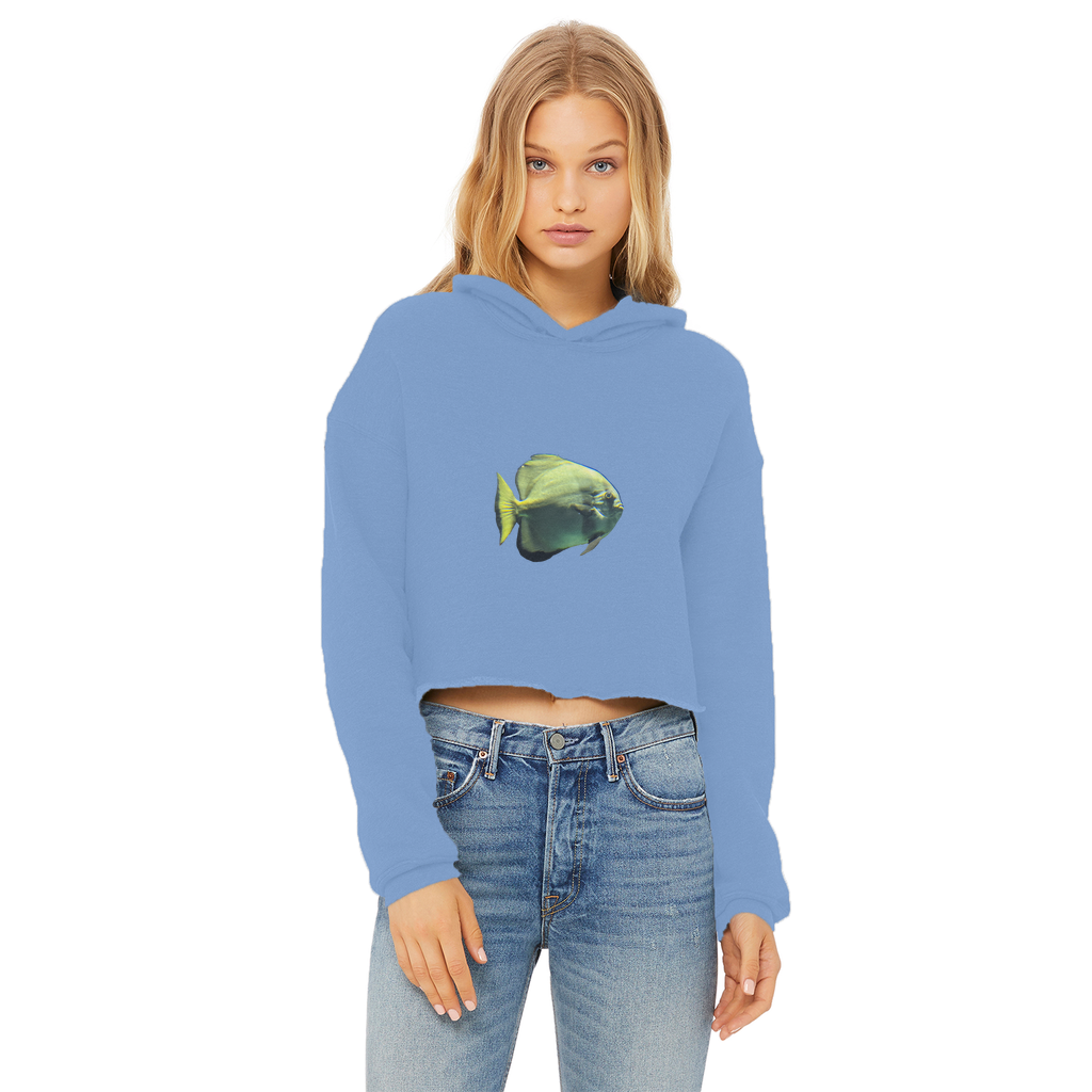 Green Fish Ladies Cropped Raw Edge Hoodie featuring a stylish cropped design, raw edge hem, and soft cotton fabric.