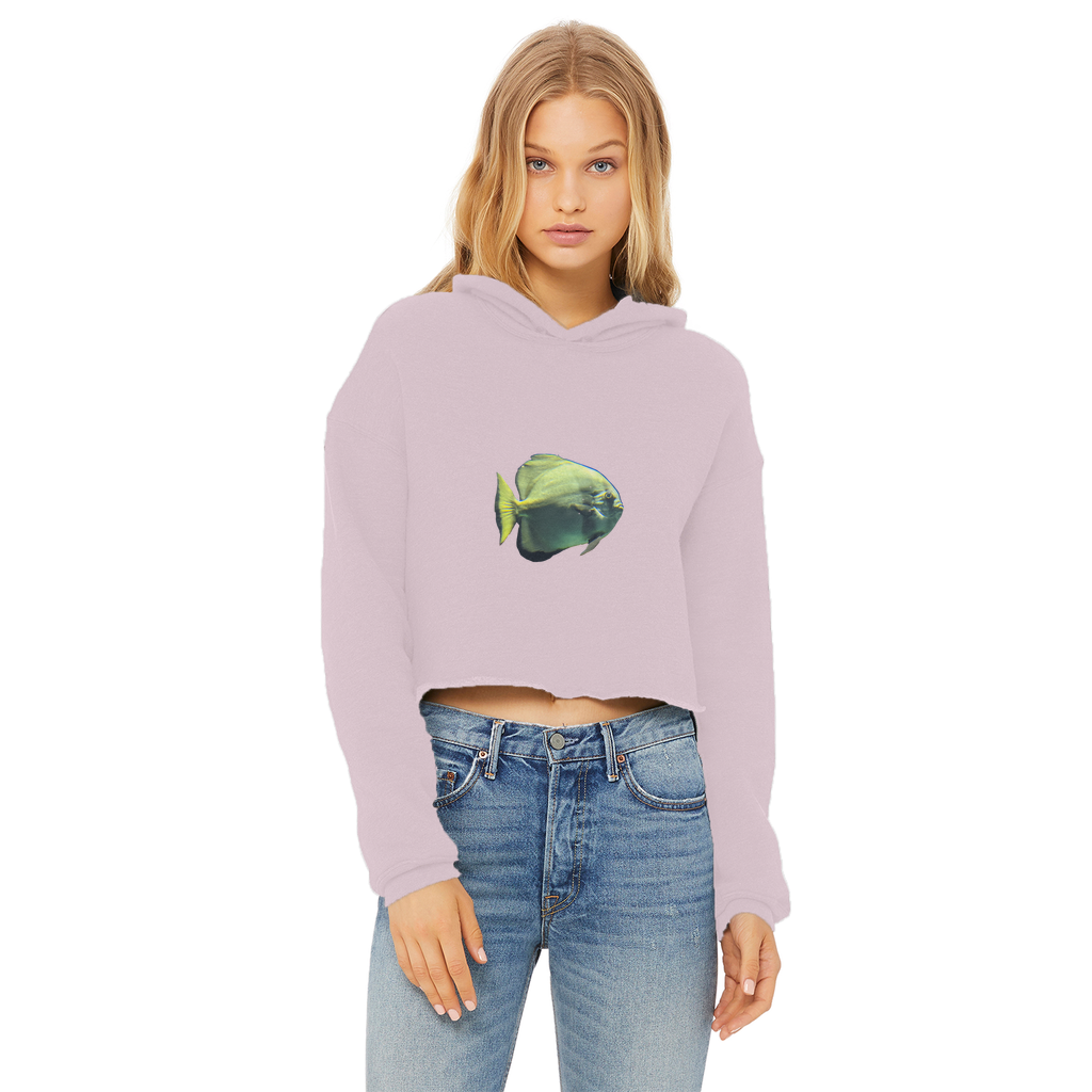 Green Fish Ladies Cropped Raw Edge Hoodie featuring a stylish cropped design, raw edge hem, and soft cotton fabric.