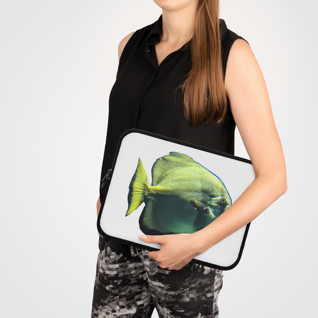 Green Fish Laptop Sleeve featuring a vibrant fish design on the front and a solid black back, ideal for protecting laptops.