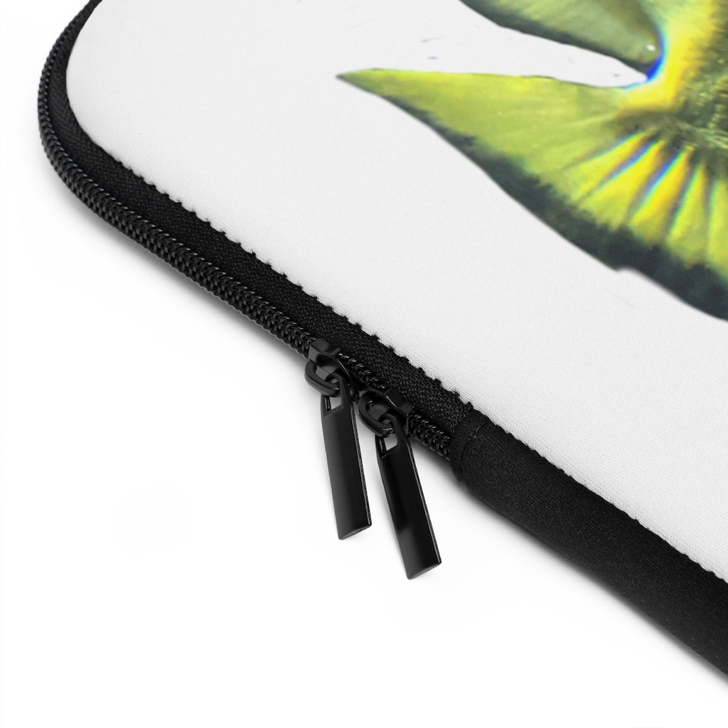 Green Fish Laptop Sleeve featuring a vibrant fish design on the front and a solid black back, ideal for protecting laptops.