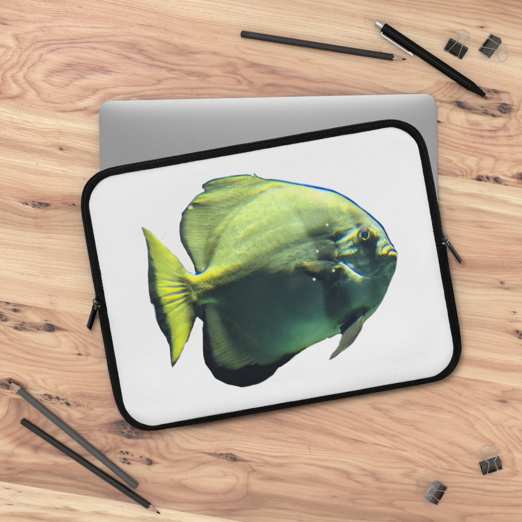 Green Fish Laptop Sleeve featuring a vibrant fish design on the front and a solid black back, ideal for protecting laptops.