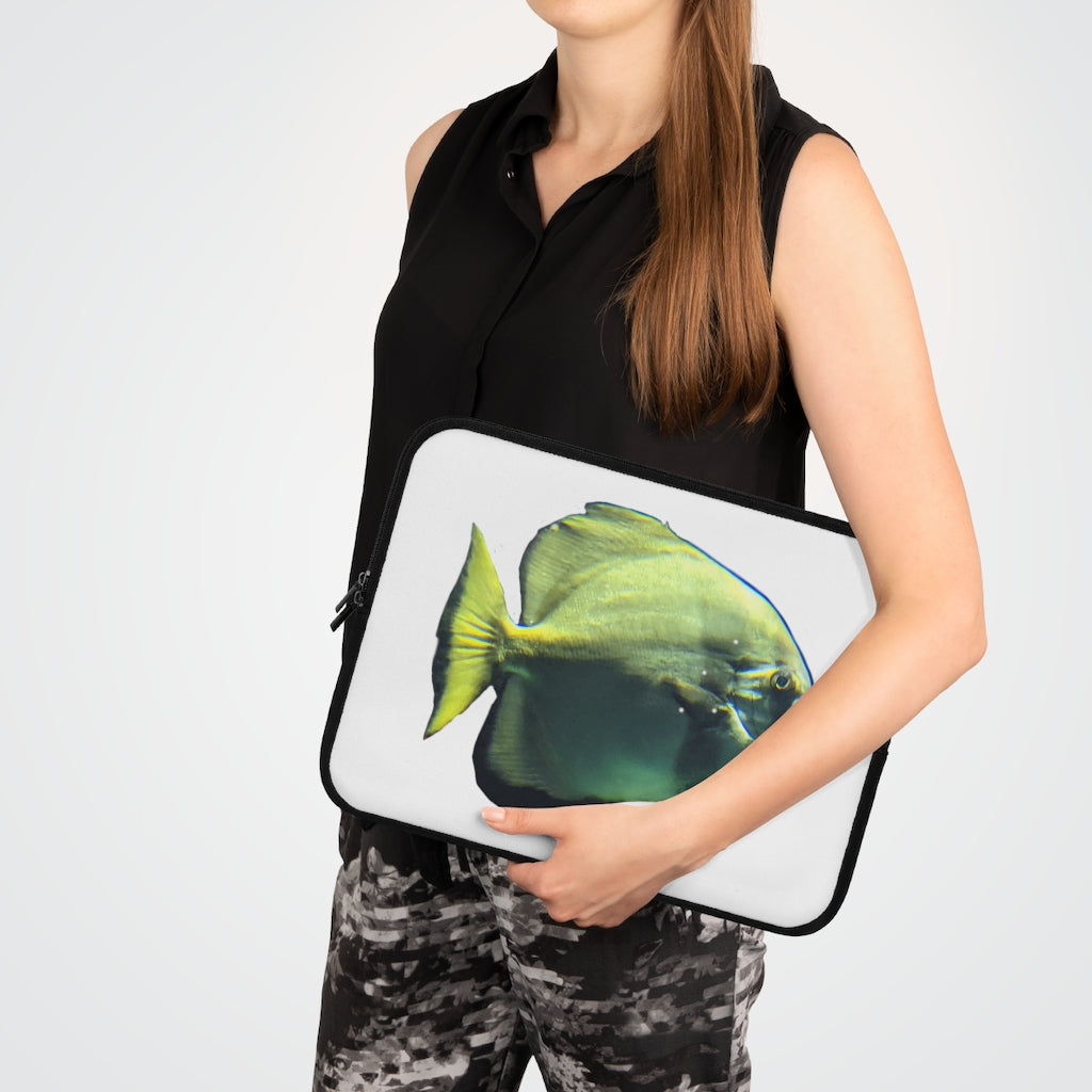 Green Fish Laptop Sleeve featuring a vibrant fish design on the front and a solid black back, ideal for protecting laptops.