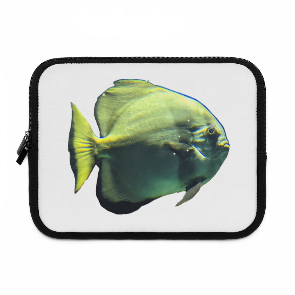 Green Fish Laptop Sleeve featuring a vibrant fish design on the front and a solid black back, ideal for protecting laptops.