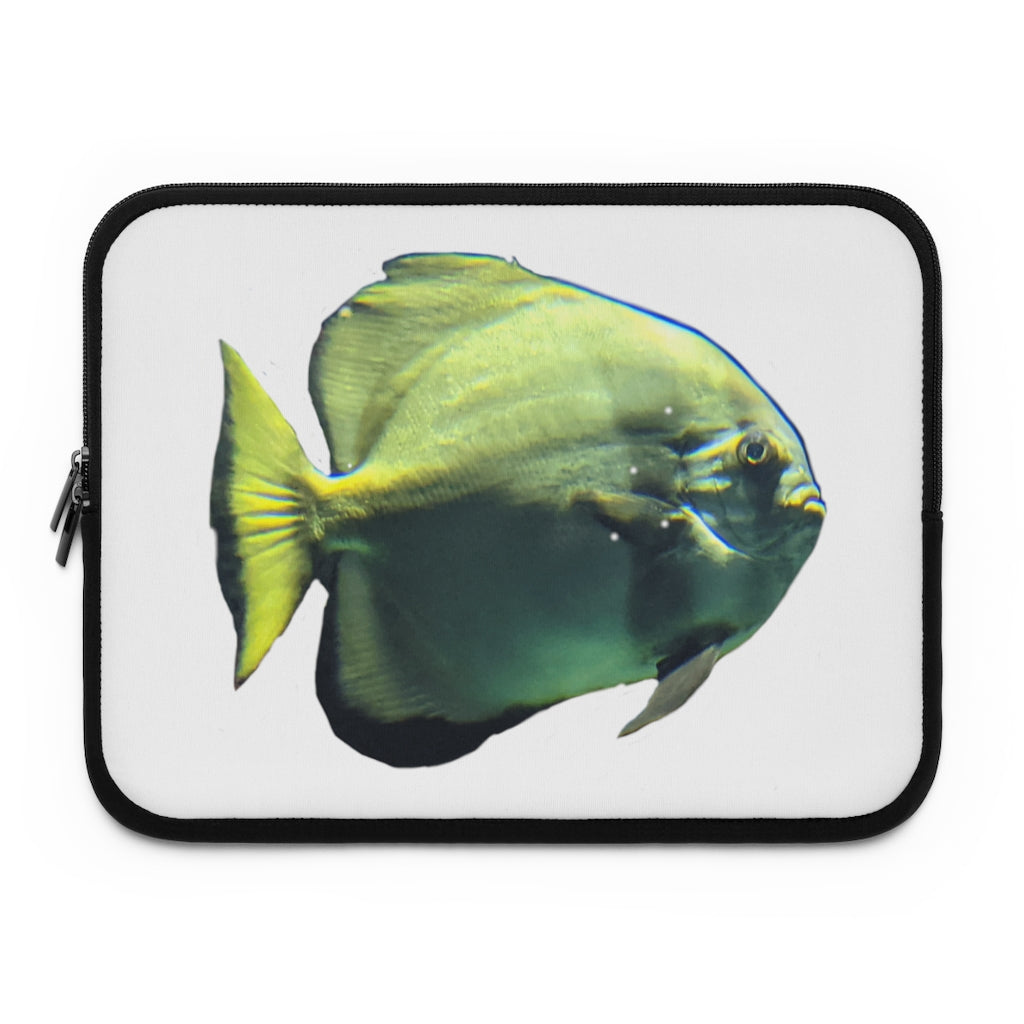 Green Fish Laptop Sleeve featuring a vibrant fish design on the front and a solid black back, ideal for protecting laptops.