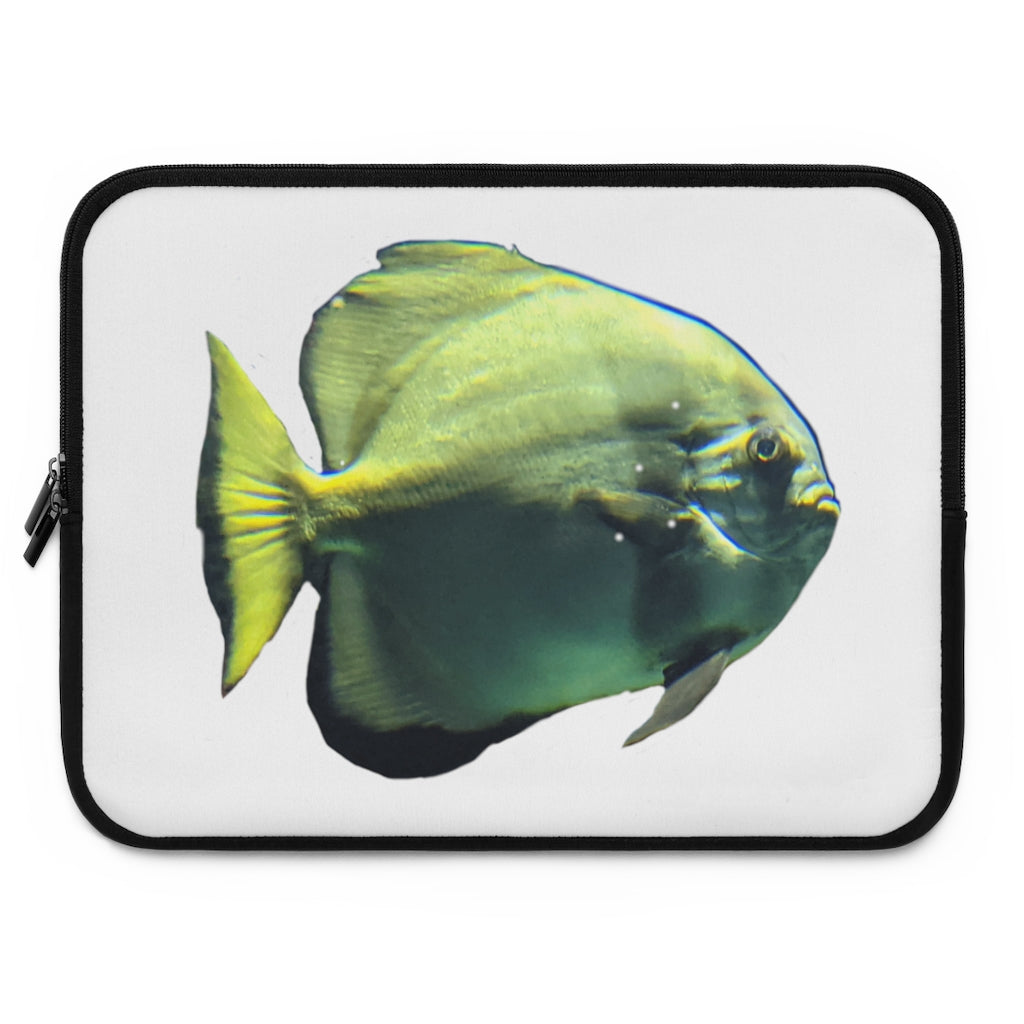 Green Fish Laptop Sleeve featuring a vibrant fish design on the front and a solid black back, ideal for protecting laptops.