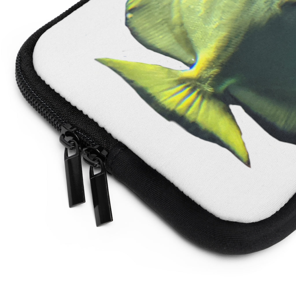 Green Fish Laptop Sleeve featuring a vibrant fish design on the front and a solid black back, ideal for protecting laptops.