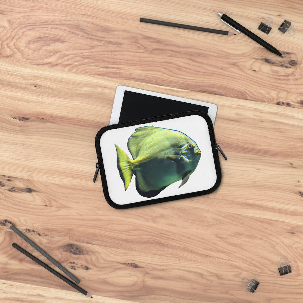 Green Fish Laptop Sleeve featuring a vibrant fish design on the front and a solid black back, ideal for protecting laptops.