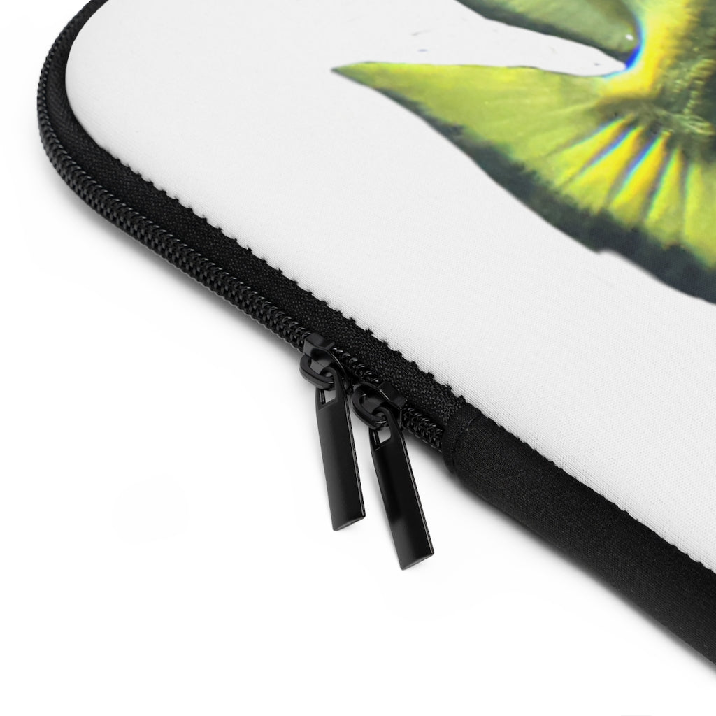 Green Fish Laptop Sleeve featuring a vibrant fish design on the front and a solid black back, ideal for protecting laptops.