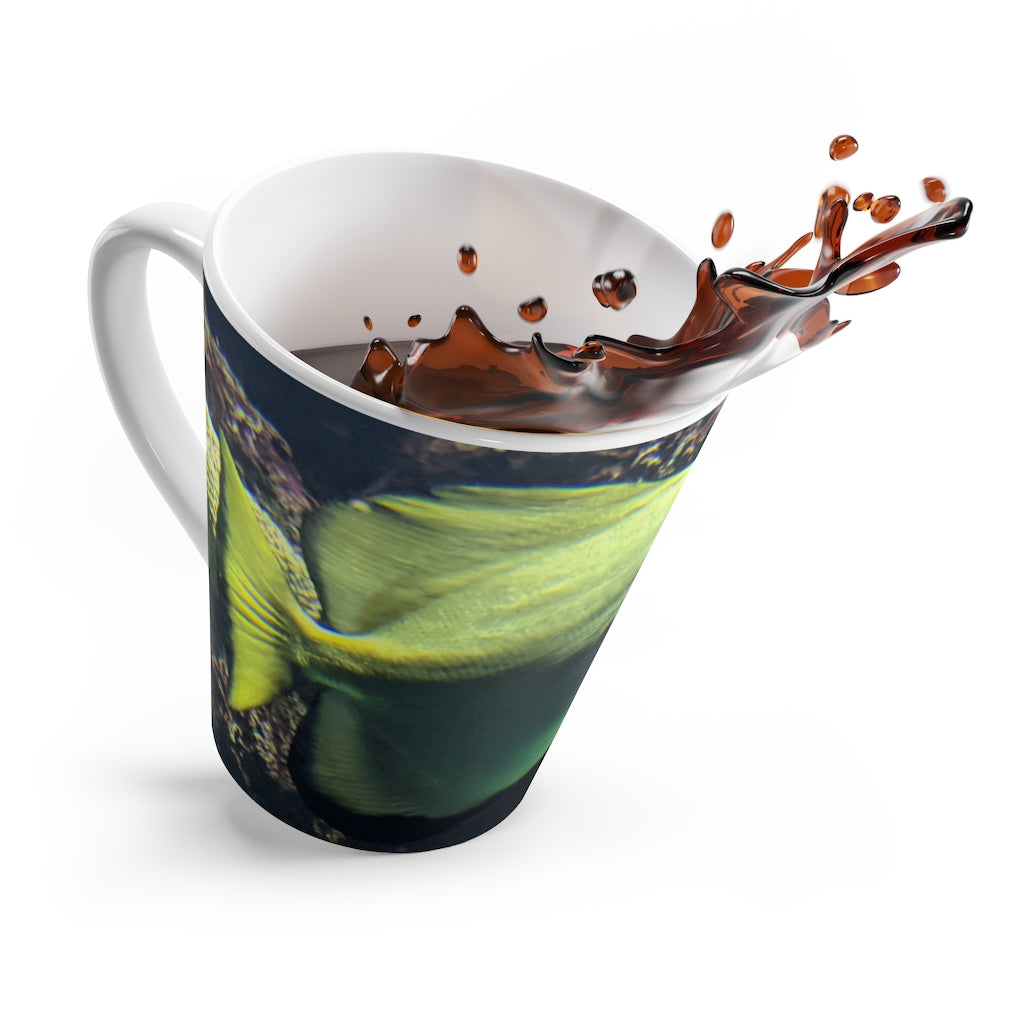 A stylish green fish latte mug made of durable ceramic, featuring a unique design and comfortable C-handle.