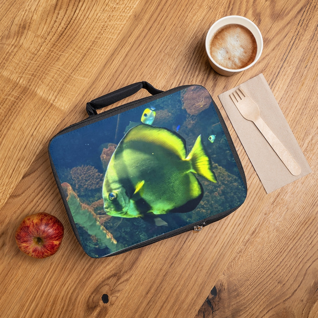 Green Fish Lunch Bag with zippered closure and carrying handle, made from 20% cotton and 80% polyester, featuring a customizable area.