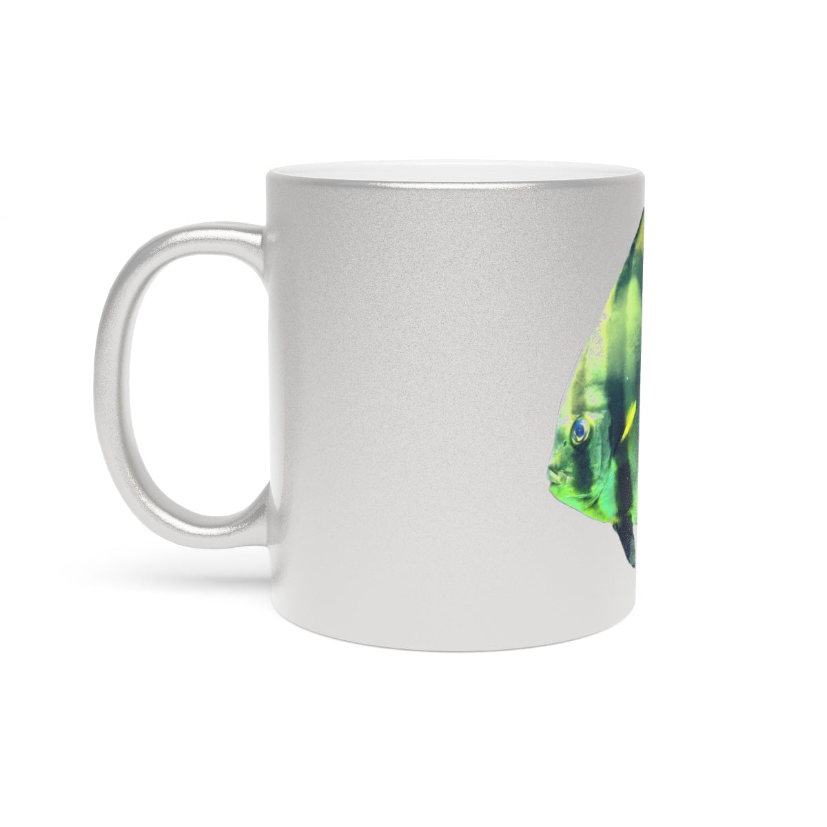 Green Fish Metallic Mug with Gold and Silver coating, featuring a personalized design option and a comfortable C-handle.