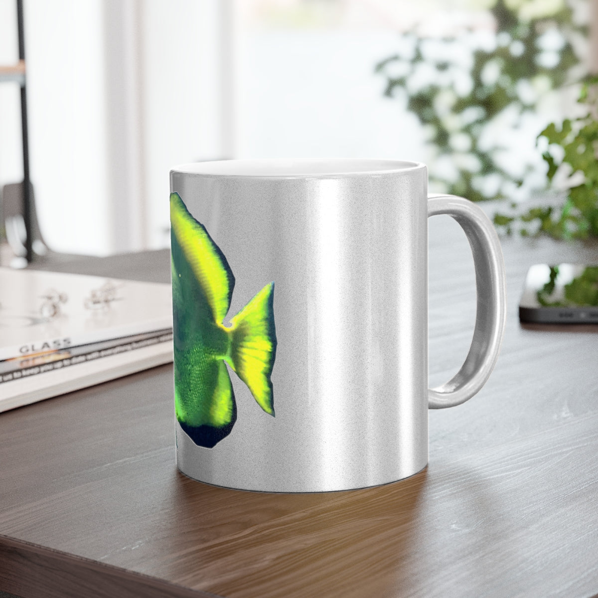 Green Fish Metallic Mug with Gold and Silver coating, featuring a personalized design option and a comfortable C-handle.