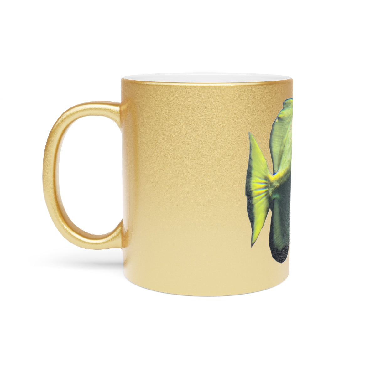 Green Fish Metallic Mug with Gold and Silver finishes, showcasing a personalized design option.