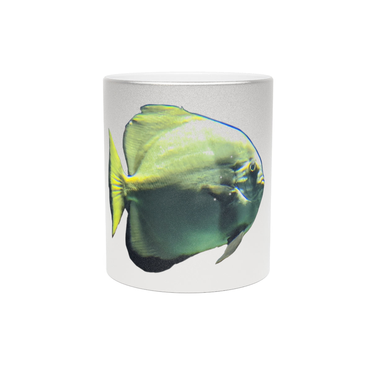 Green Fish Metallic Mug with Gold and Silver finishes, showcasing a personalized design option.