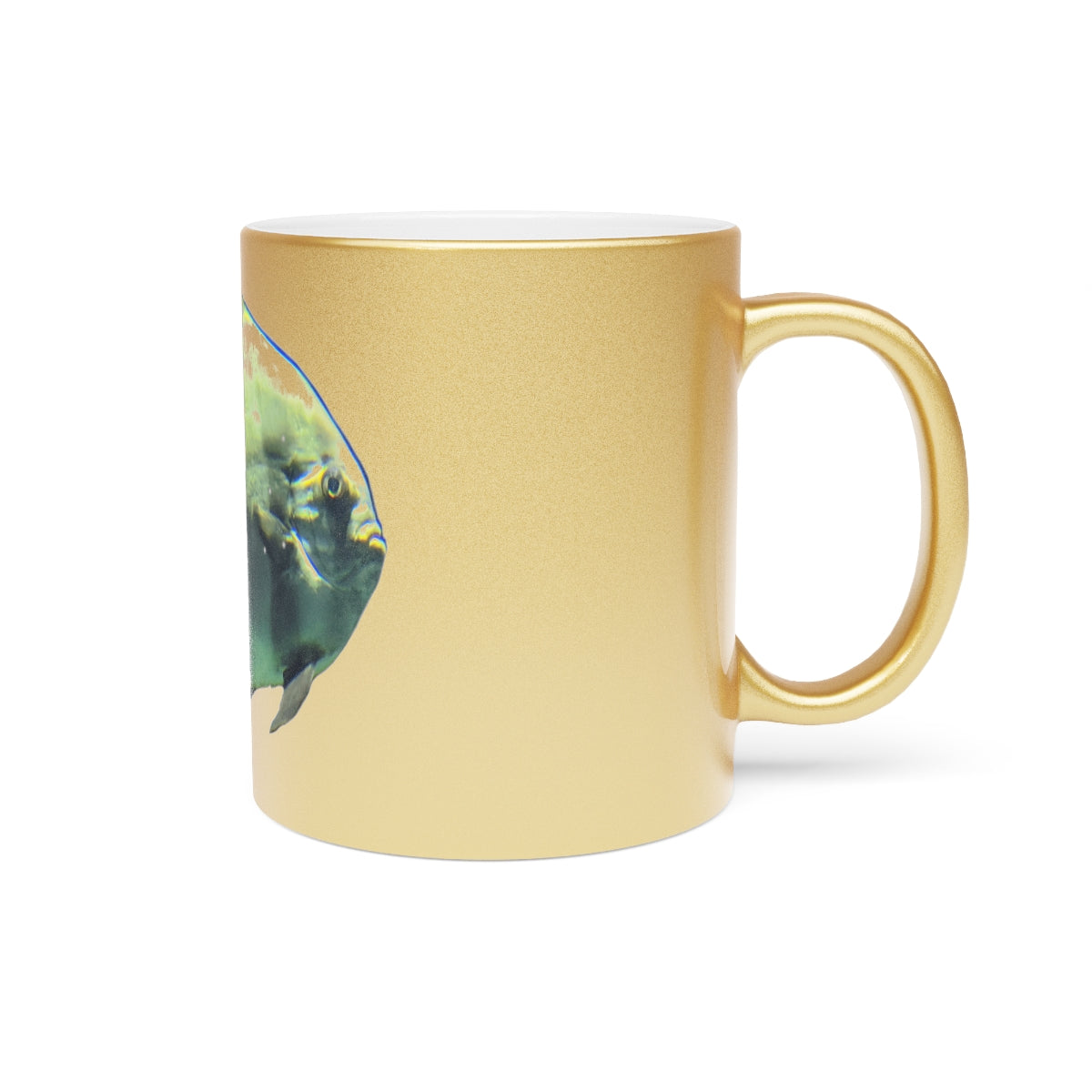 Green Fish Metallic Mug with Gold and Silver finishes, showcasing a personalized design option.