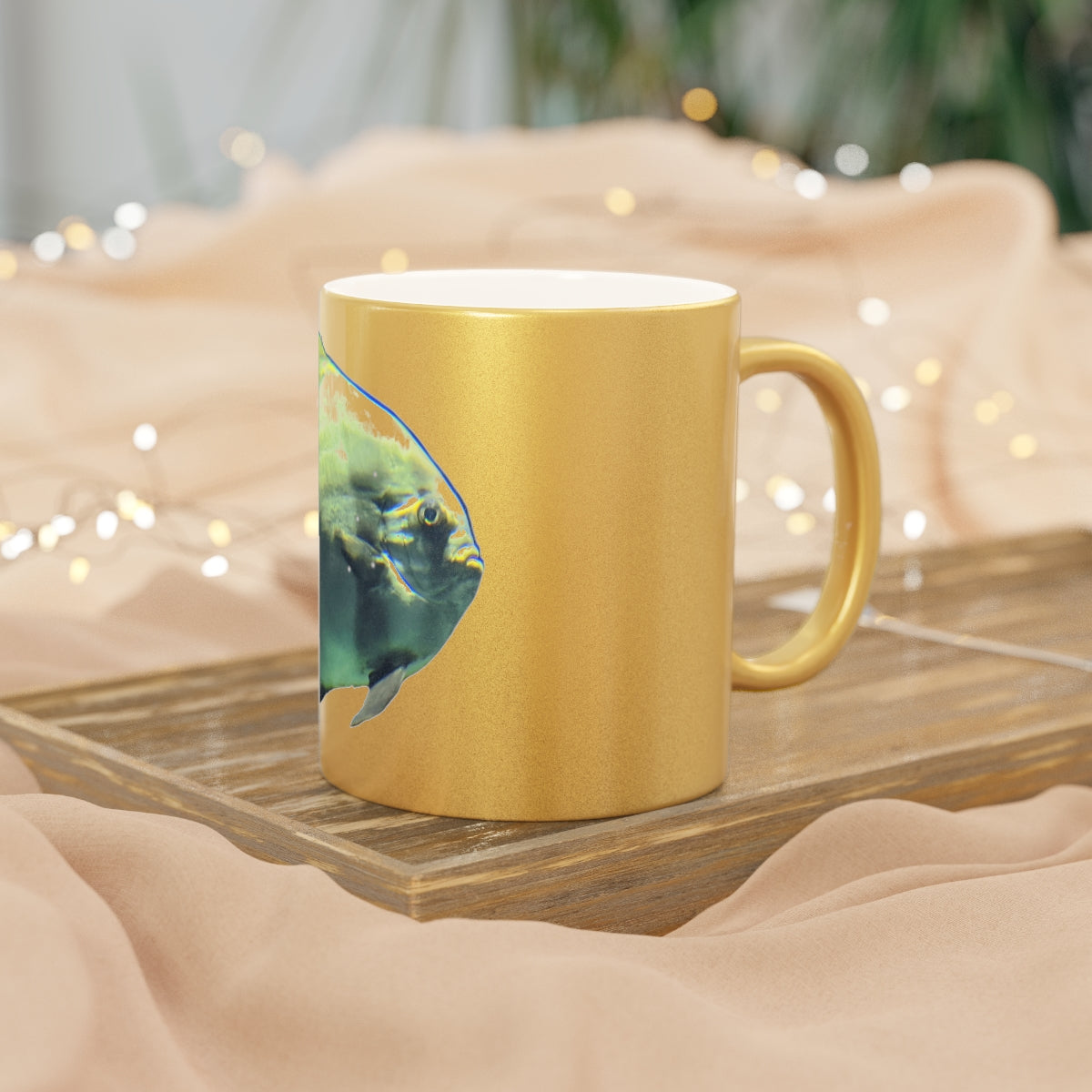 Green Fish Metallic Mug with Gold and Silver finishes, showcasing a personalized design option.