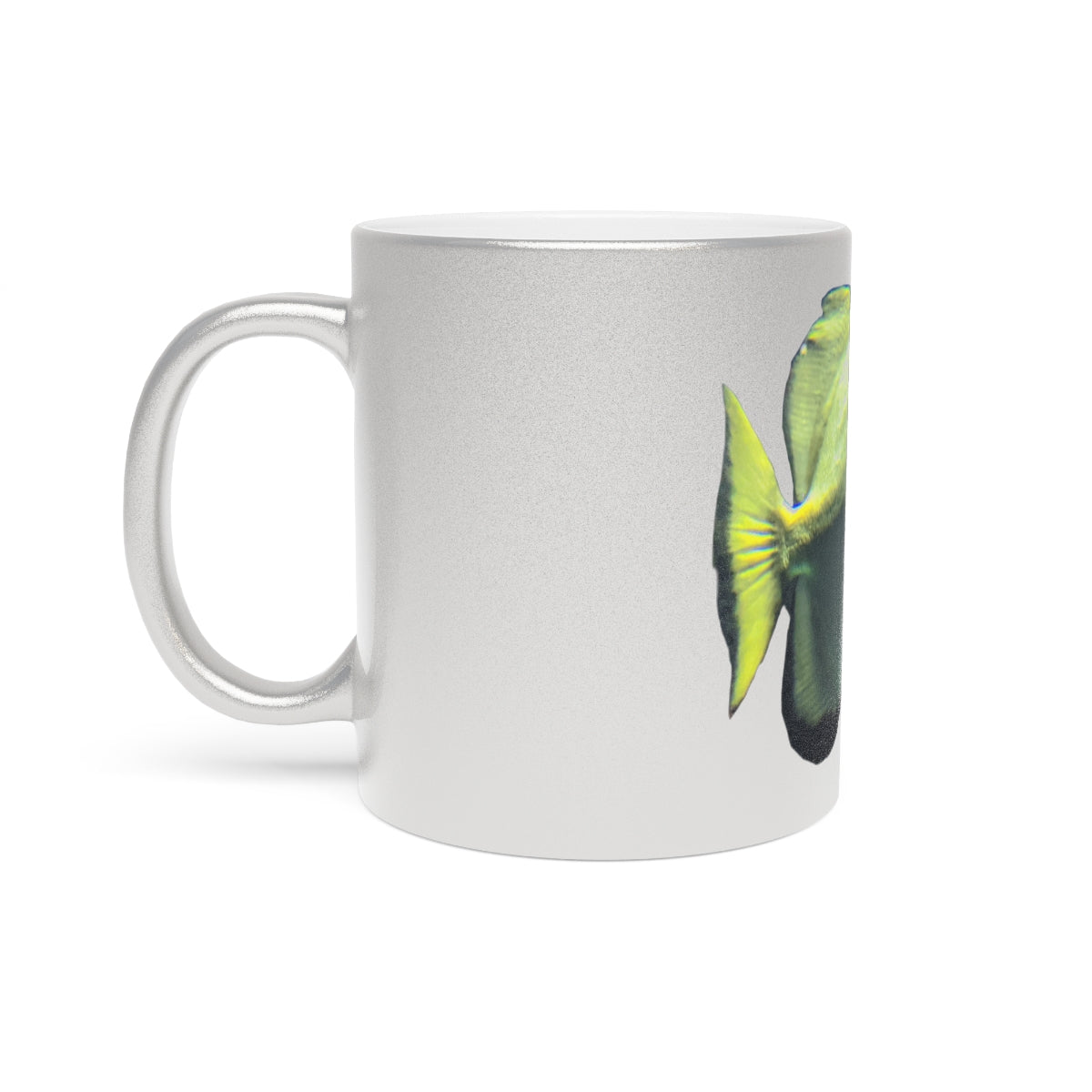 Green Fish Metallic Mug with Gold and Silver finishes, showcasing a personalized design option.