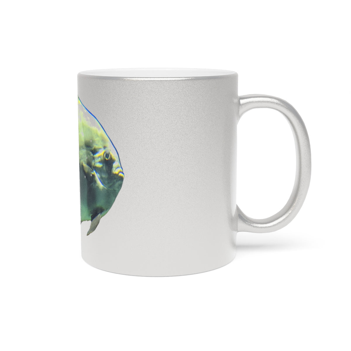 Green Fish Metallic Mug with Gold and Silver finishes, showcasing a personalized design option.