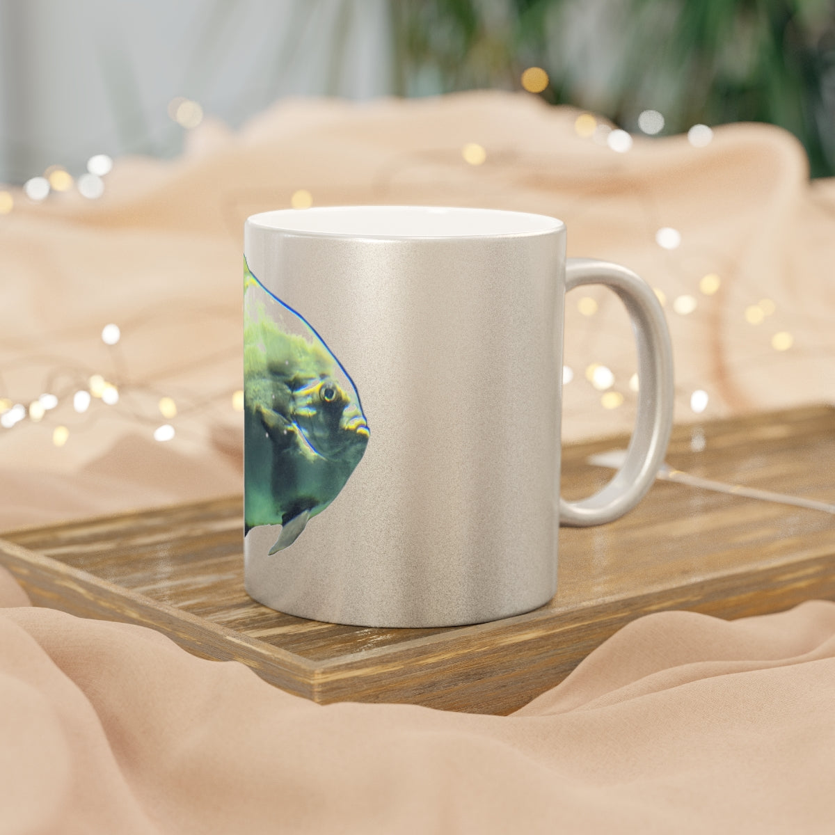 Green Fish Metallic Mug with Gold and Silver finishes, showcasing a personalized design option.