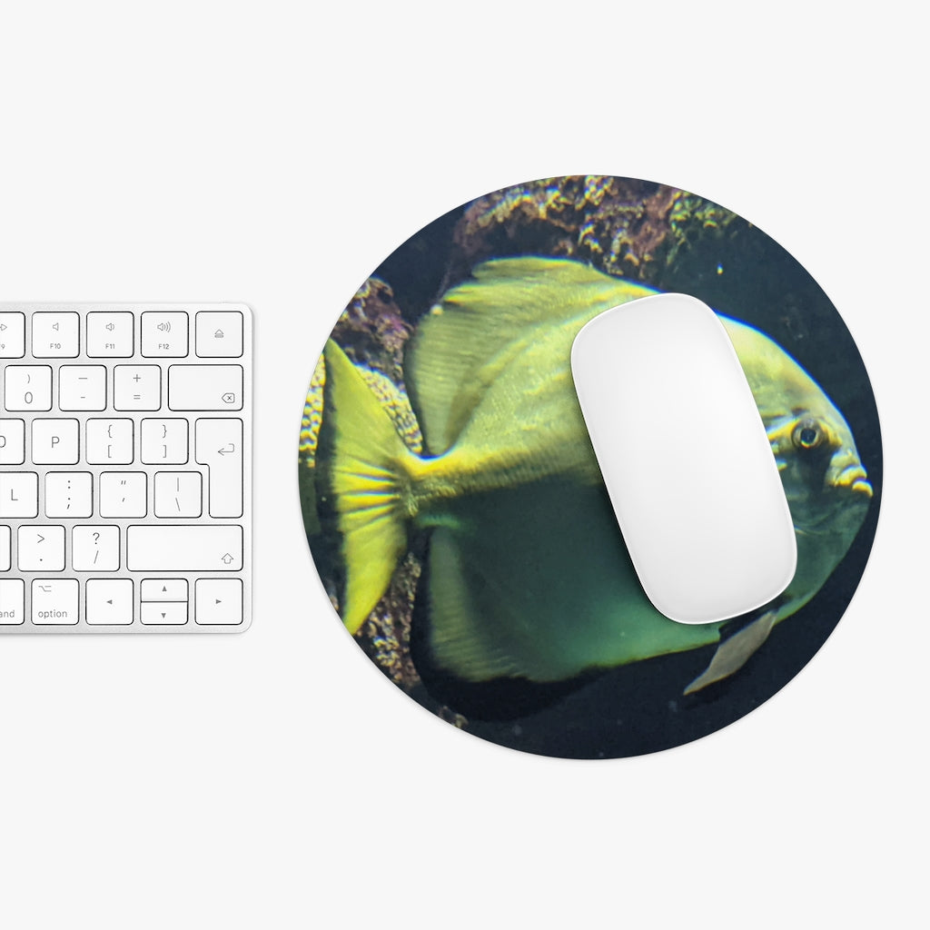 A vibrant green fish mouse pad in round and rectangular shapes, featuring a non-slip rubber bottom and neoprene material.