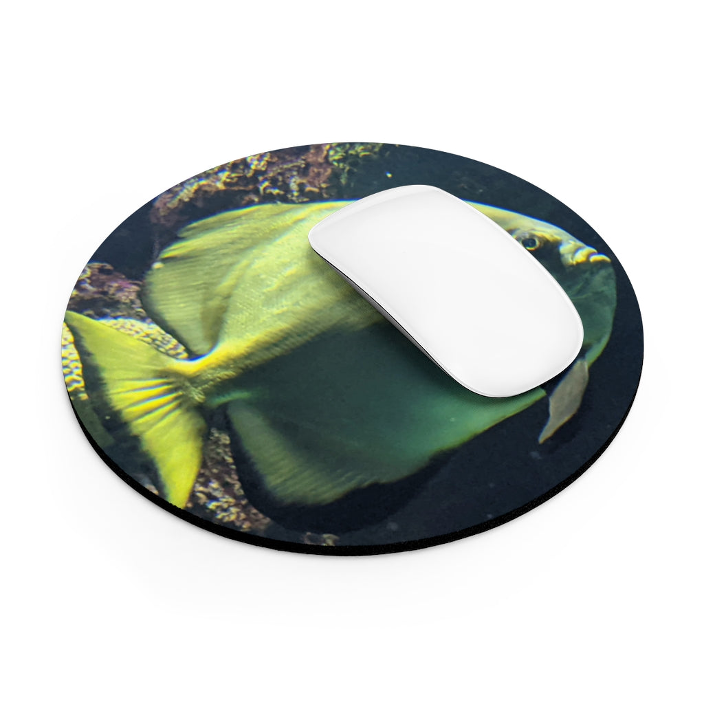 A vibrant green fish mouse pad in round and rectangular shapes, featuring a non-slip rubber bottom and neoprene material.