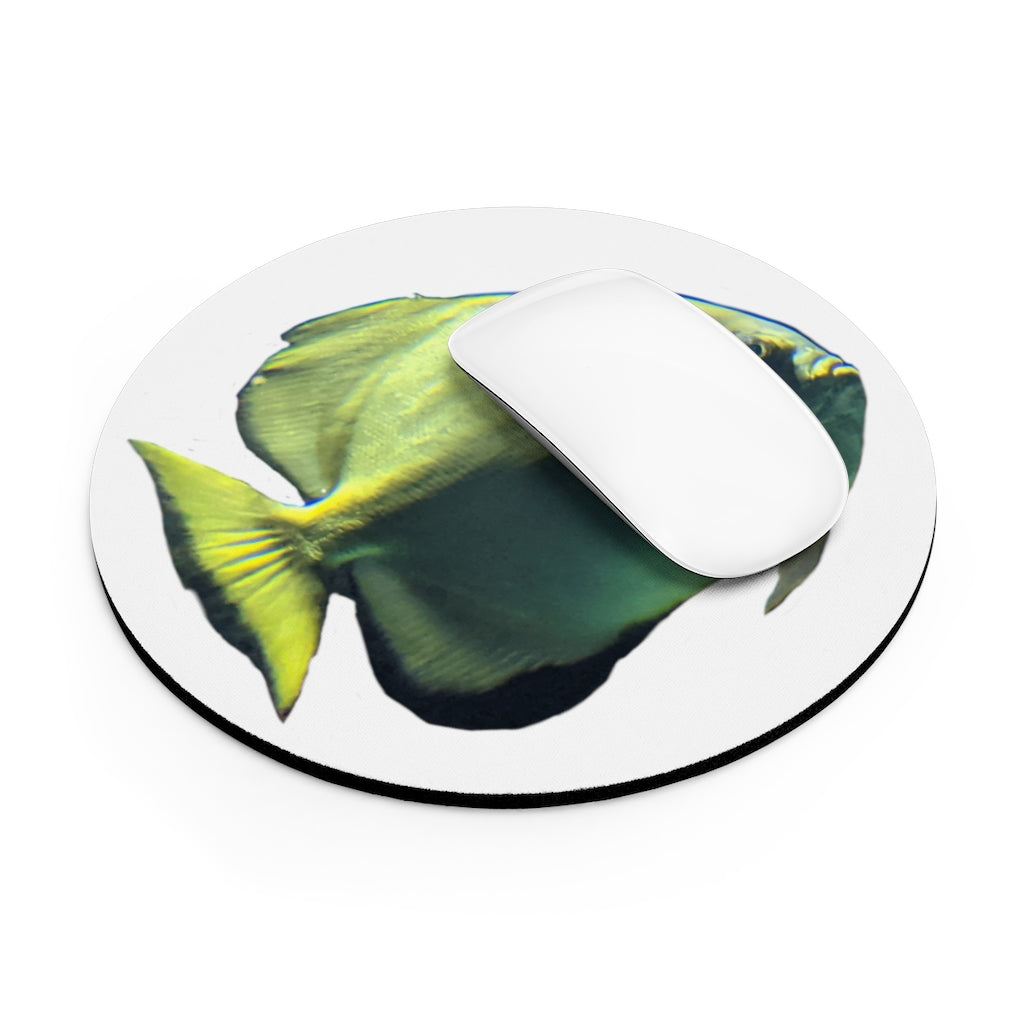 A vibrant green fish mouse pad in round and rectangular shapes, featuring a non-slip rubber bottom and neoprene material.