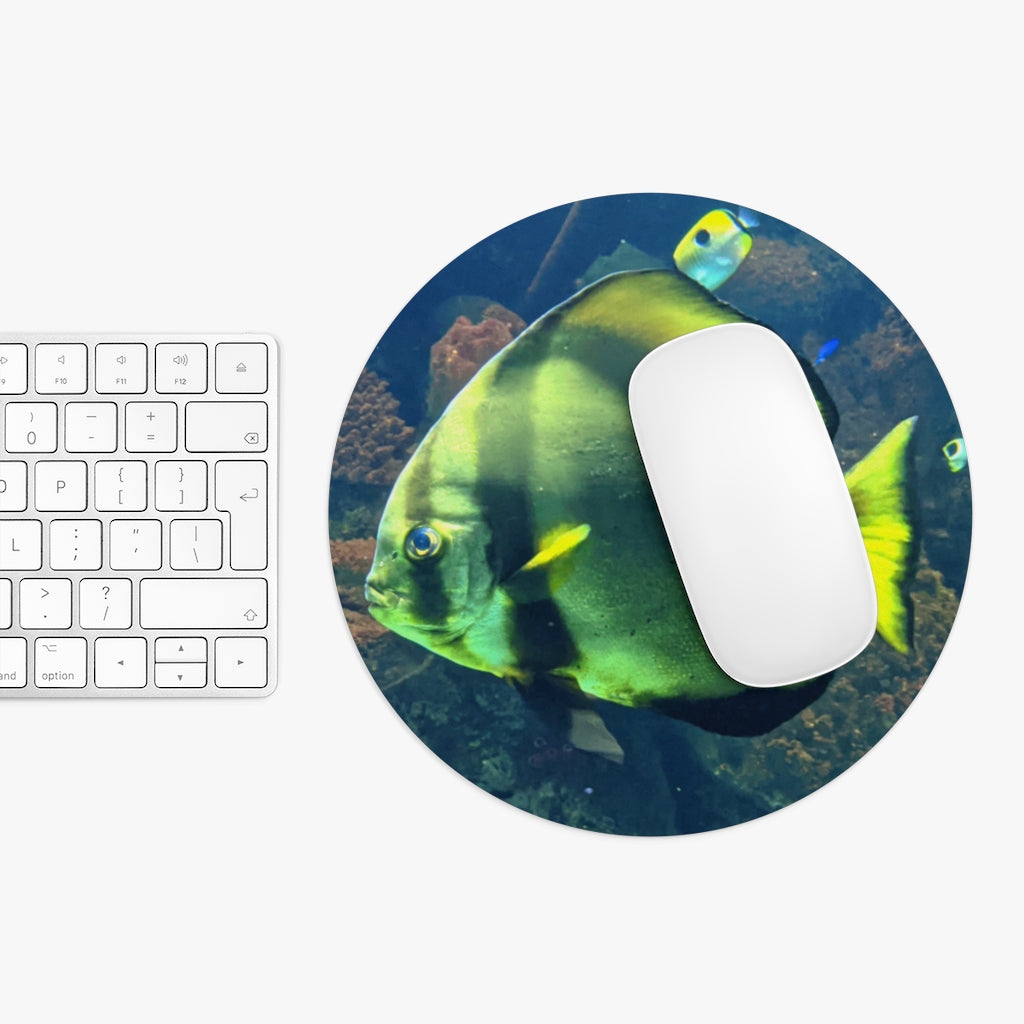 Green Fish Mouse Pad featuring a vibrant fish design on a neoprene surface with a non-slip rubber bottom.