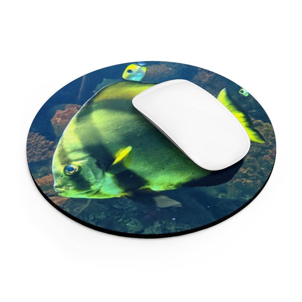 Green Fish Mouse Pad featuring a vibrant fish design on a neoprene surface with a non-slip rubber bottom.