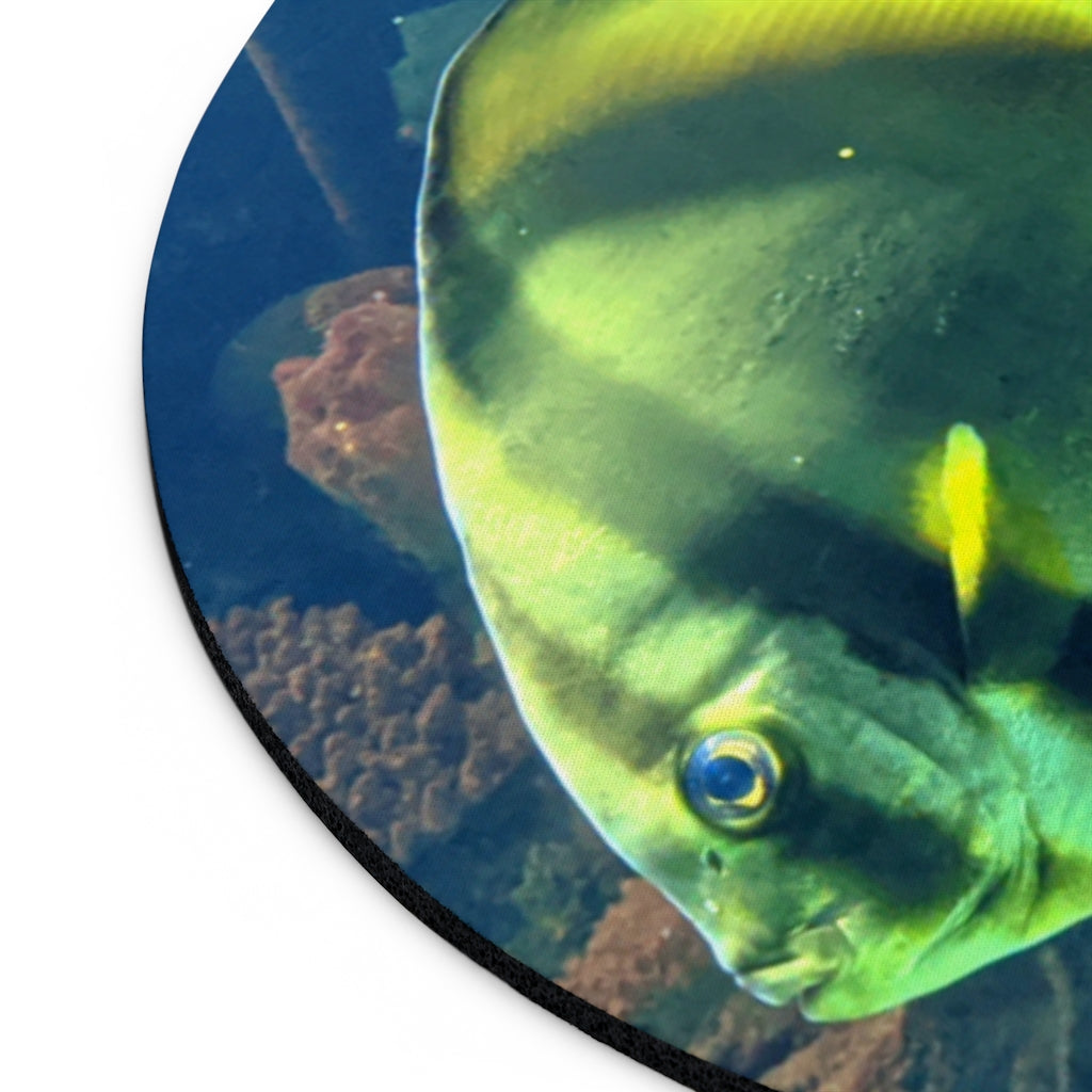 Green Fish Mouse Pad featuring a vibrant fish design on a neoprene surface with a non-slip rubber bottom.