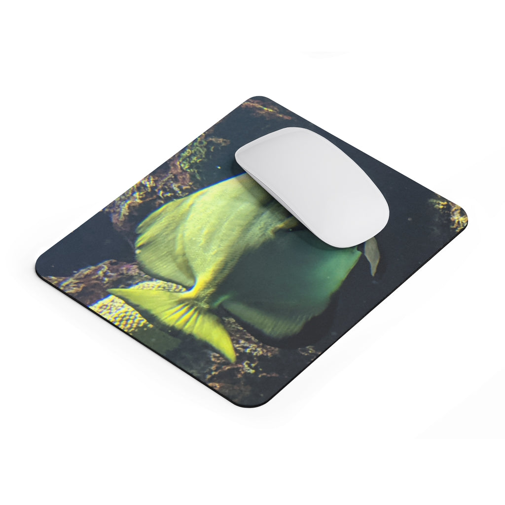 Green Fish Mouse Pad featuring a vibrant fish design on a smooth neoprene surface, ideal for enhancing desk aesthetics.