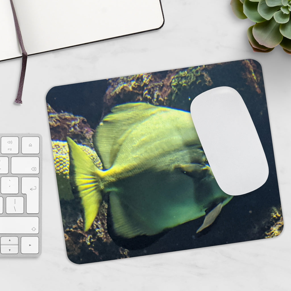 Green Fish Mouse Pad featuring a vibrant fish design on a smooth neoprene surface, ideal for enhancing desk aesthetics.