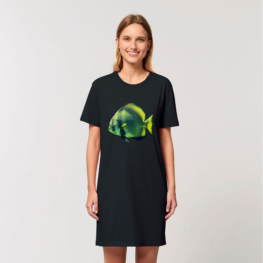 A stylish Green Fish Organic T-Shirt Dress made from 100% organic cotton, featuring a soft-hand feel and set-in sleeves.