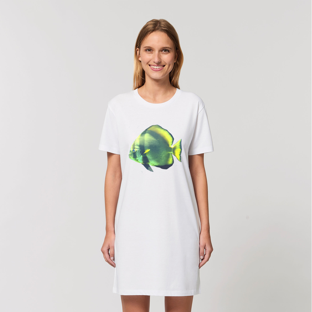 A stylish Green Fish Organic T-Shirt Dress made from 100% organic cotton, featuring a soft-hand feel and set-in sleeves.