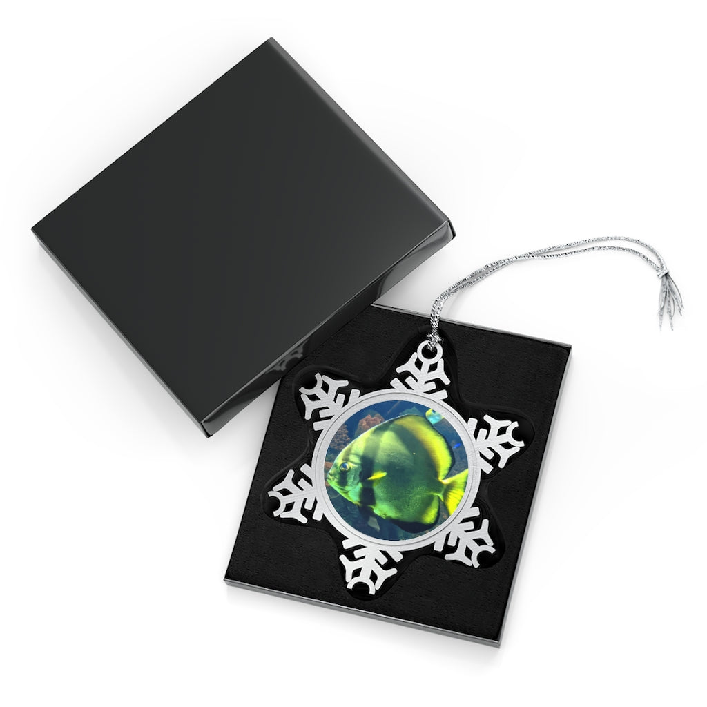 A beautifully crafted Green Fish Pewter Snowflake Ornament with a unique design and silver-toned hanging string, perfect for holiday decor.