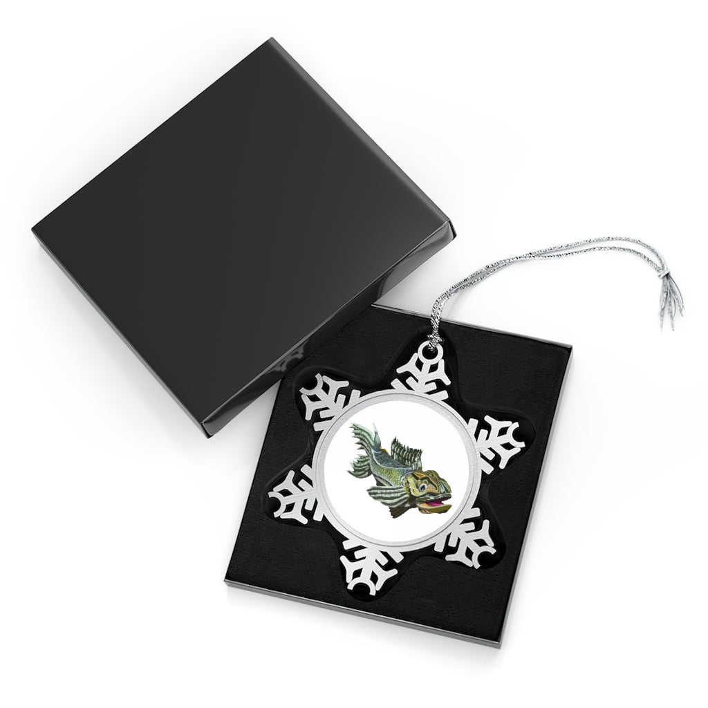 Green Fish Pewter Snowflake Ornament with silver-toned hanging string, showcasing intricate snowflake design.