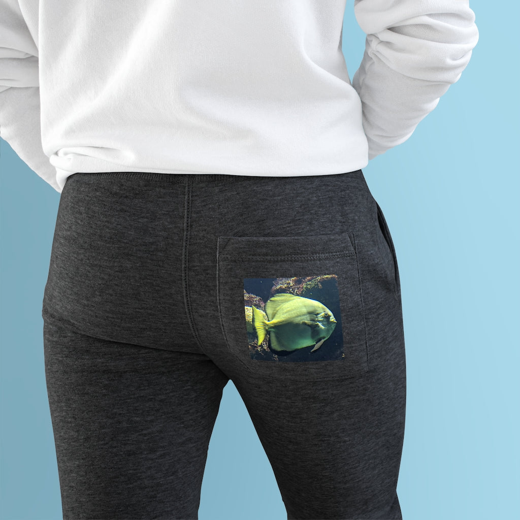 Green Fish Premium Fleece Joggers showcasing a stylish design with customizable back pocket and spacious side pockets.